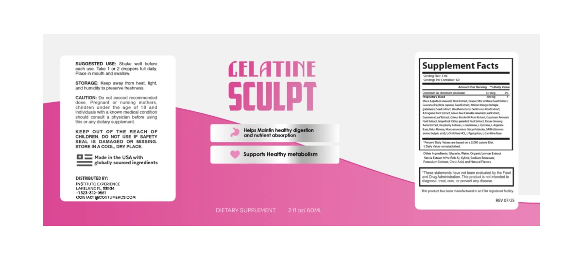 Gelatine Sculpt supplement facts, usage instructions and product label